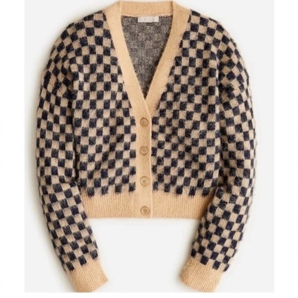 J. Crew Navy Tan Checkered Print V Neck Button Up Cardigan